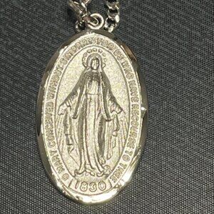 Miraculous Prayer Medal Pendant 24" Chain Rhodium Finish NEW IN BOX